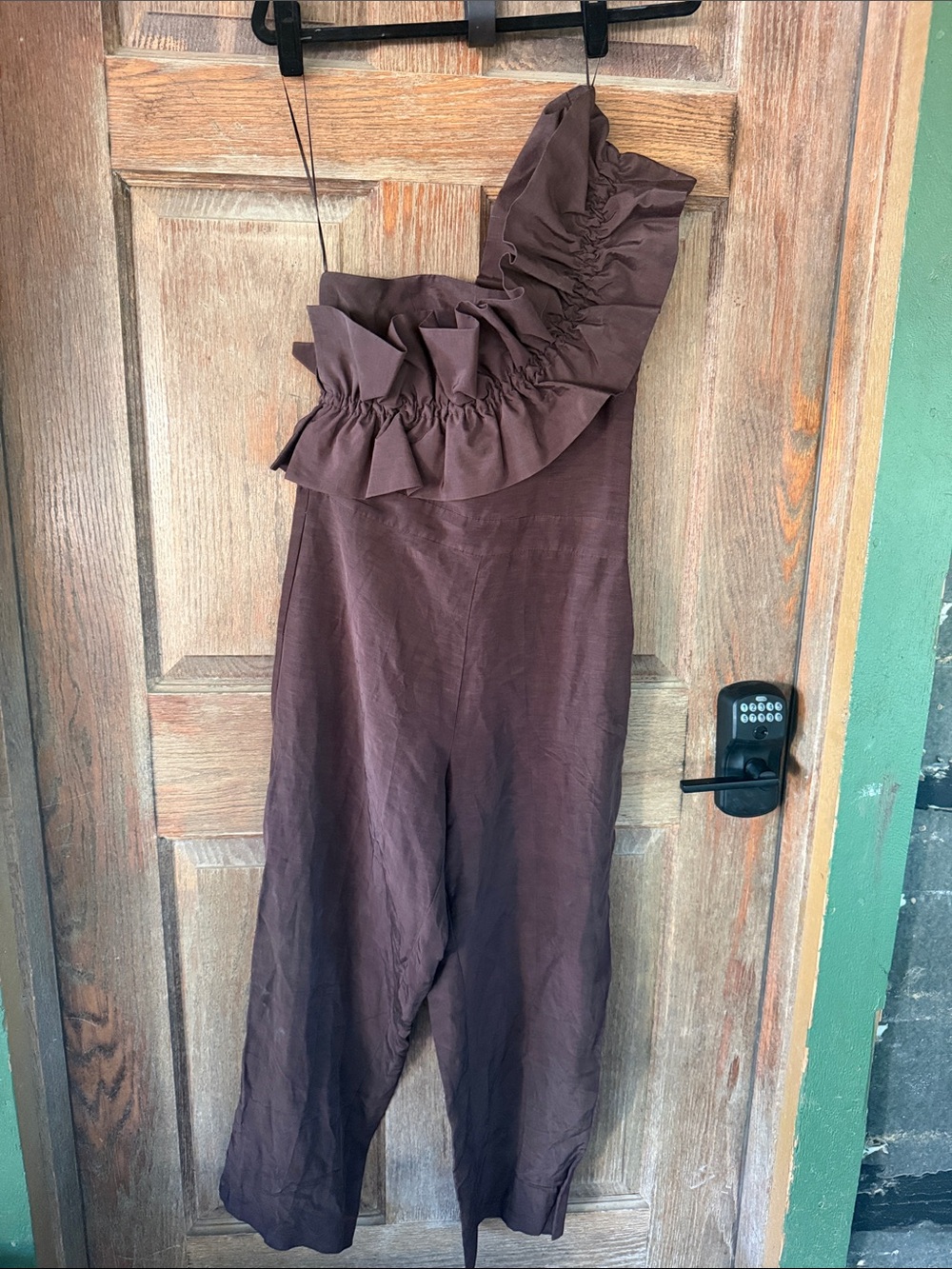 Zara Women's One-Shoulder Ruffle Jumpsuit in Brown Sz M